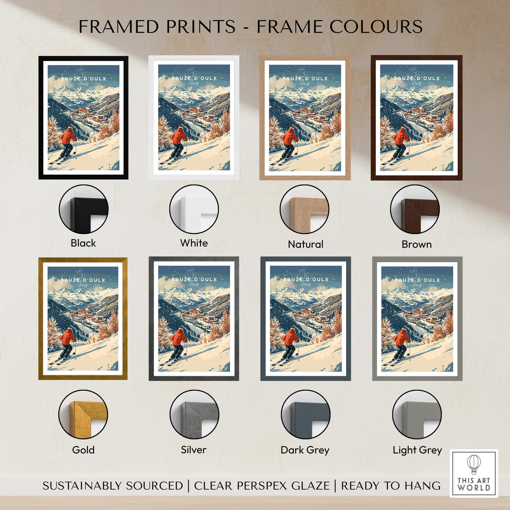 Ski Print Sauze d'Oulx Italy framed prints available in various colors including black, white, natural, and brown.