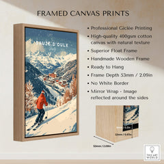 Ski Print Sauze d'Oulx Italy framed canvas art showcasing ski slopes in beautiful scenery.