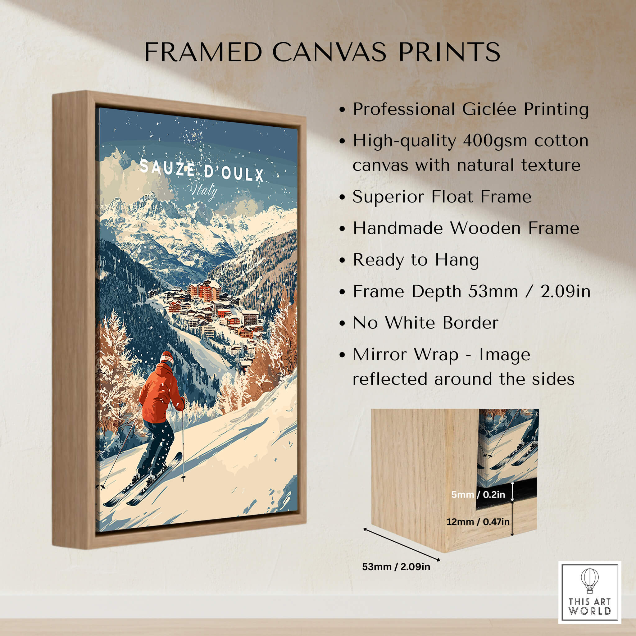 Ski Print Sauze d'Oulx Italy framed canvas art showcasing ski slopes in beautiful scenery.