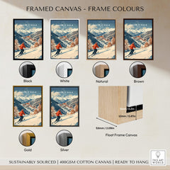 Framed canvas options for Ski Print Sauze d'Oulx Italy showcasing various frame colors including black, white, natural, brown, gold, and silver.