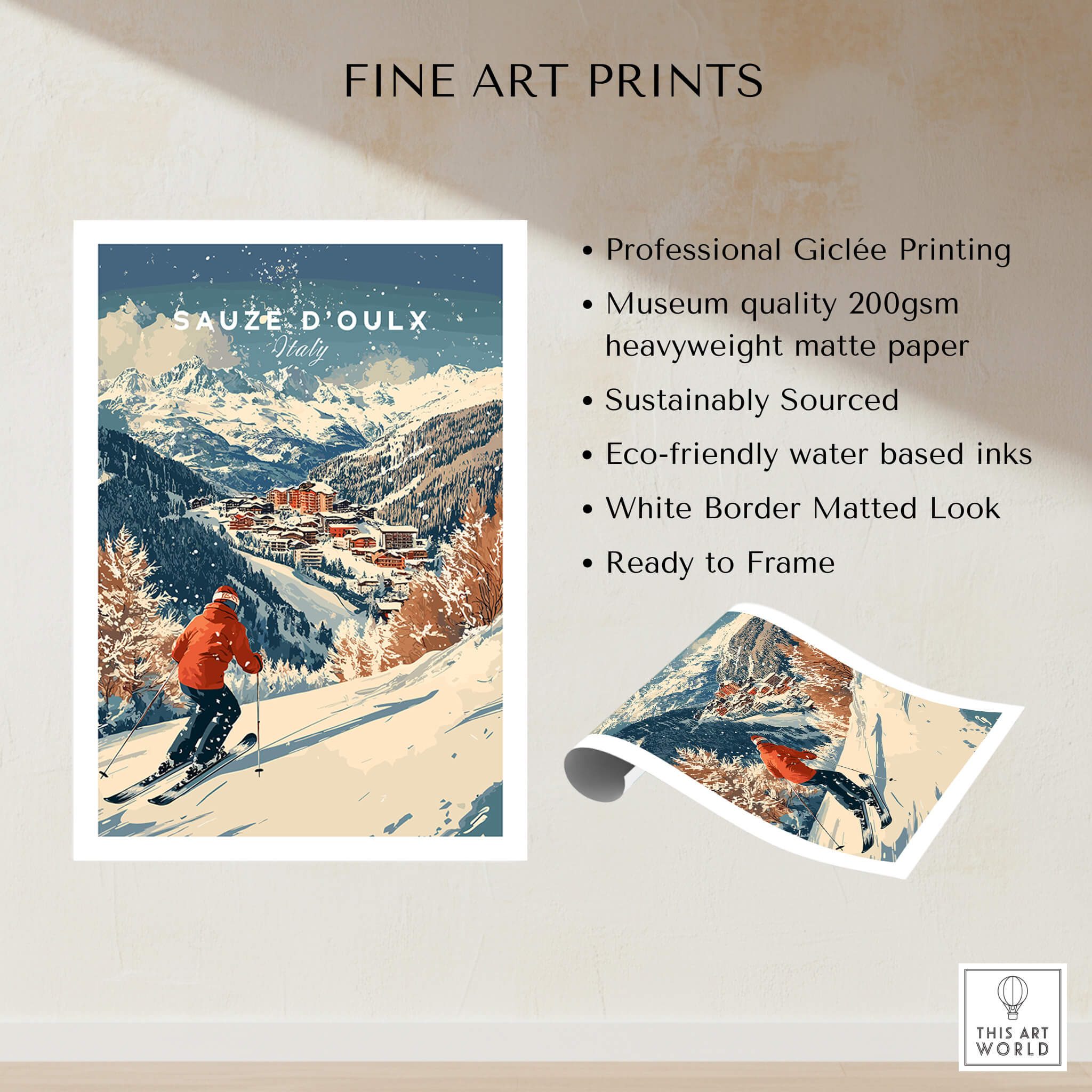 Ski Print Sauze d'Oulx Italy showcasing professional Giclée printing and stunning mountain scenery.