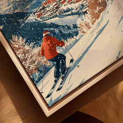 Ski Print Sauze d'Oulx Italy featuring a skier on a snowy slope with a scenic town background.
