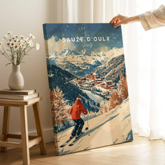 Ski Print Sauze d'Oulx Italy featuring scenic slopes and charming town illustration.