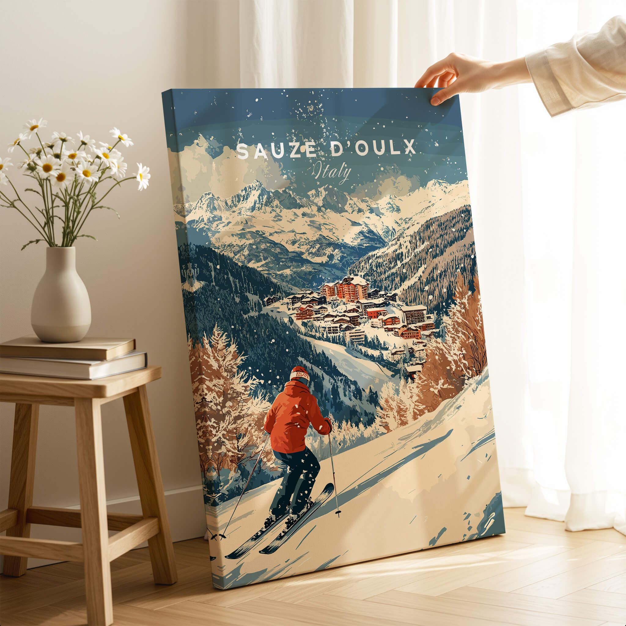 Ski Print Sauze d'Oulx Italy featuring scenic slopes and charming town illustration.