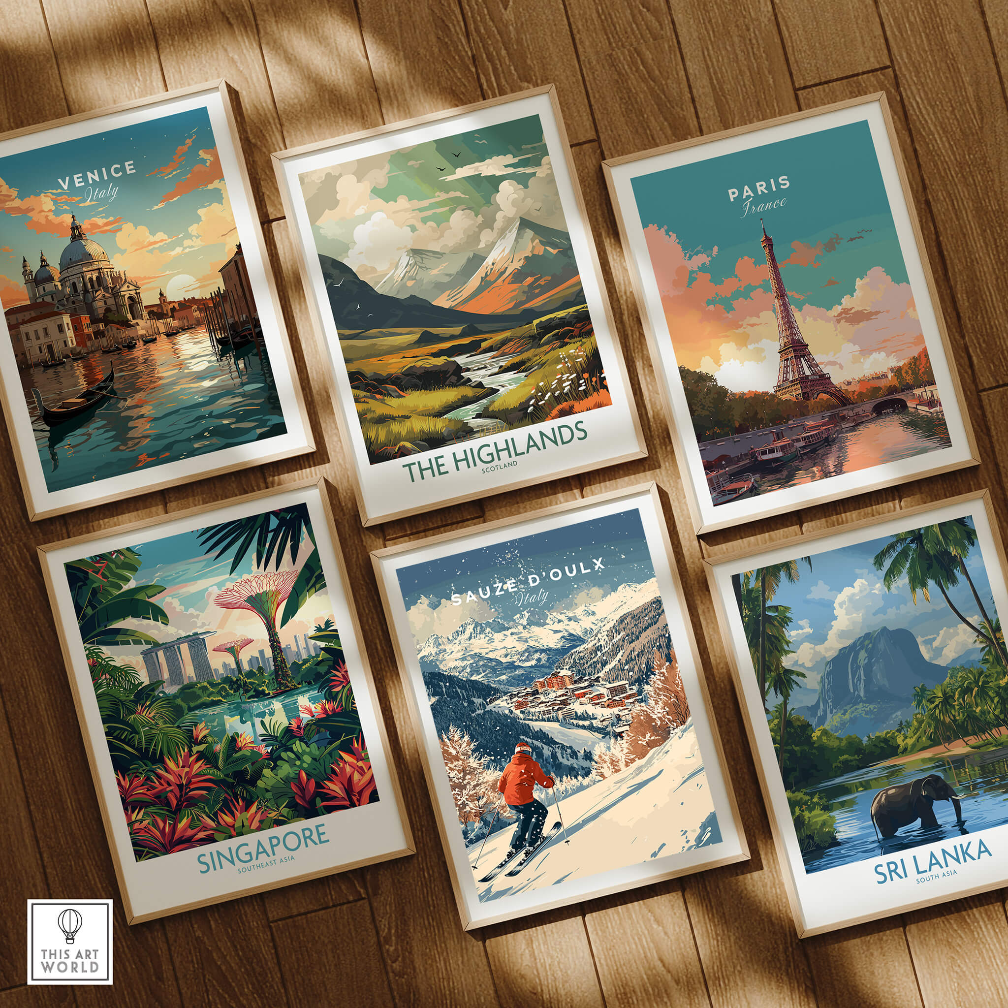 Ski Print Sauze d'Oulx Italy, featuring a skier on slopes among scenic travel art prints.