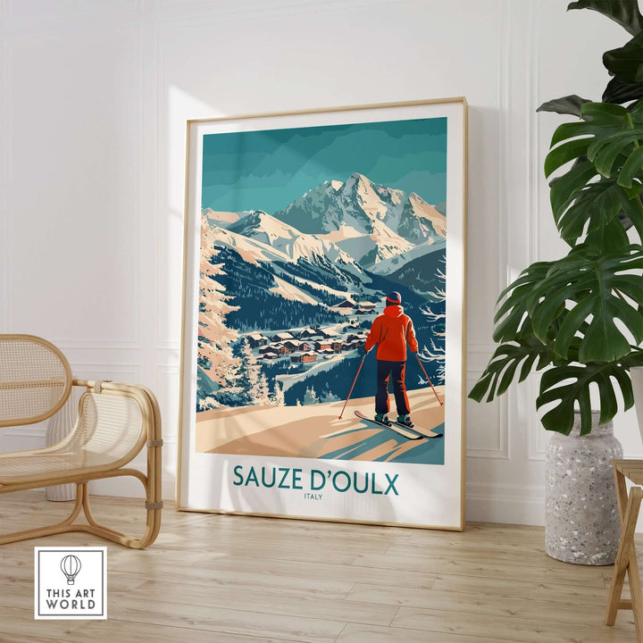 Sauze d'Oulx ski poster featuring a skier in the mountains of Italy, perfect for home or office decor.