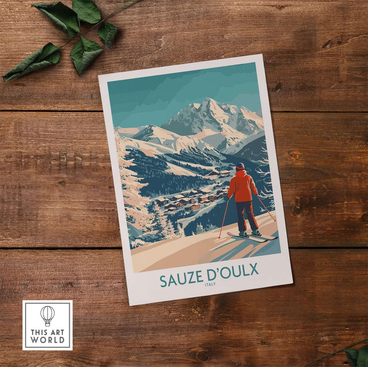 Sauze d'Oulx poster featuring a skier against breathtaking Italian mountain scenery. Perfect for home or office decor.