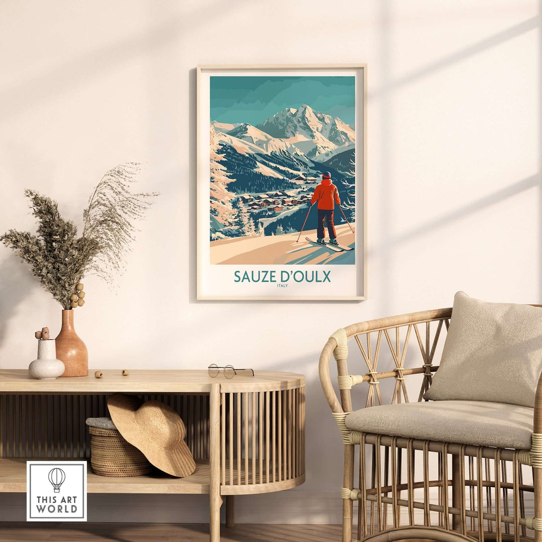 Sauze d'Oulx ski poster in a modern living room, showcasing stunning mountains and a skier against a bright backdrop.