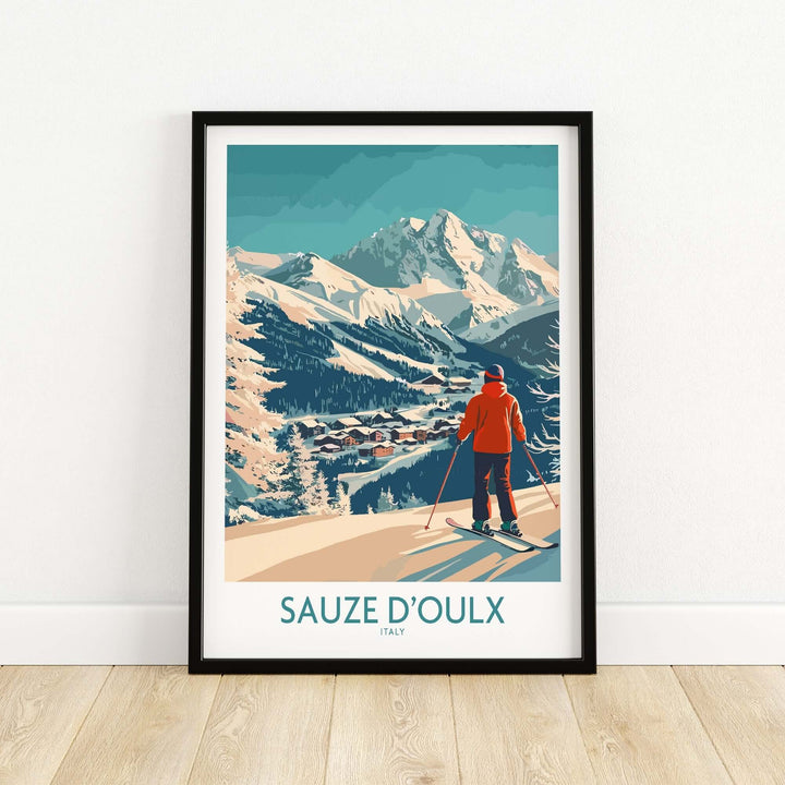 Sauze d'Oulx poster featuring a skier overlooking the mountain landscape in Italy, perfect for home or office decor.