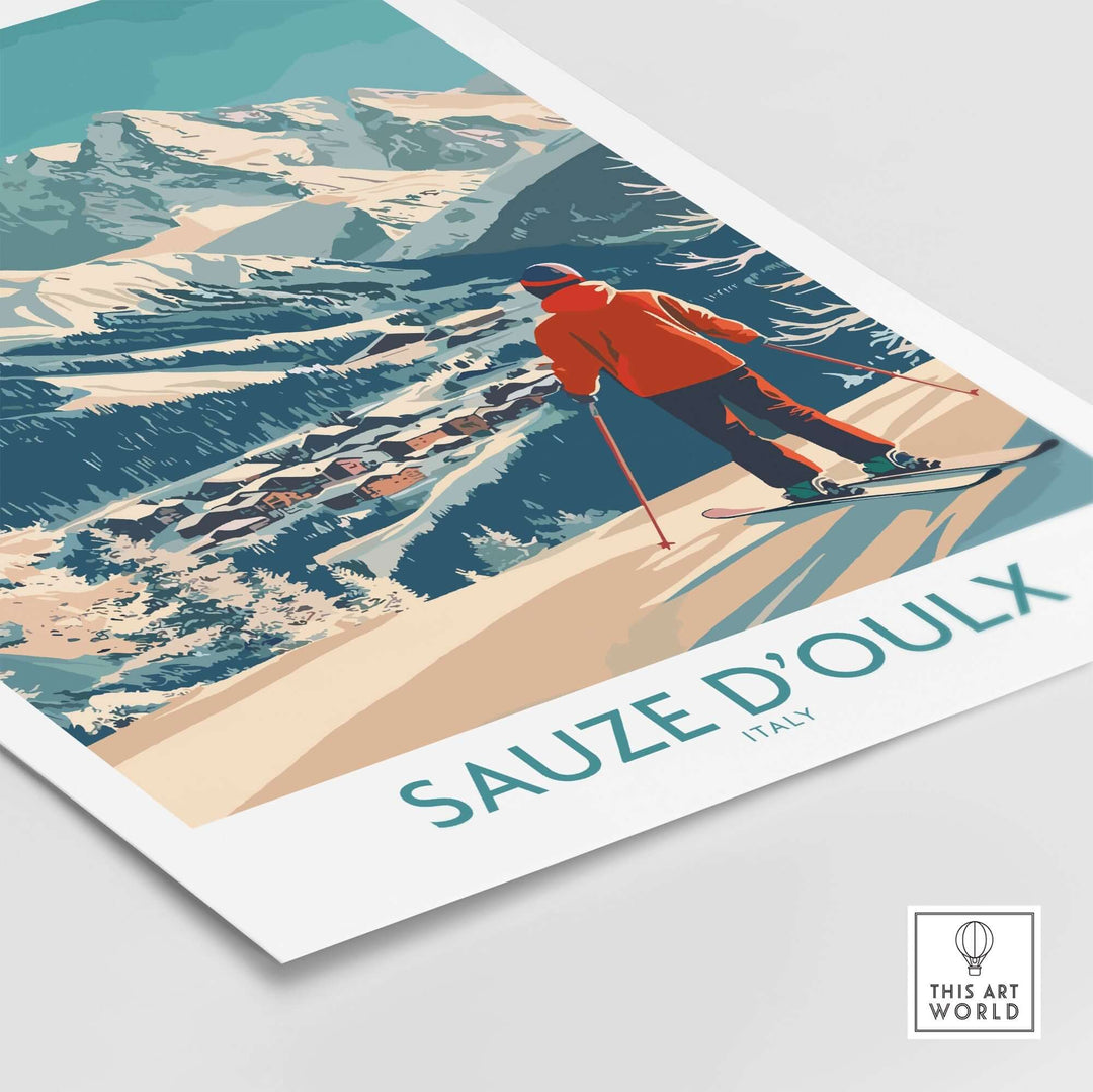 Sauze d'Oulx ski poster showcasing a skier overlooking snowy mountains in Italy, perfect for winter sports enthusiasts.