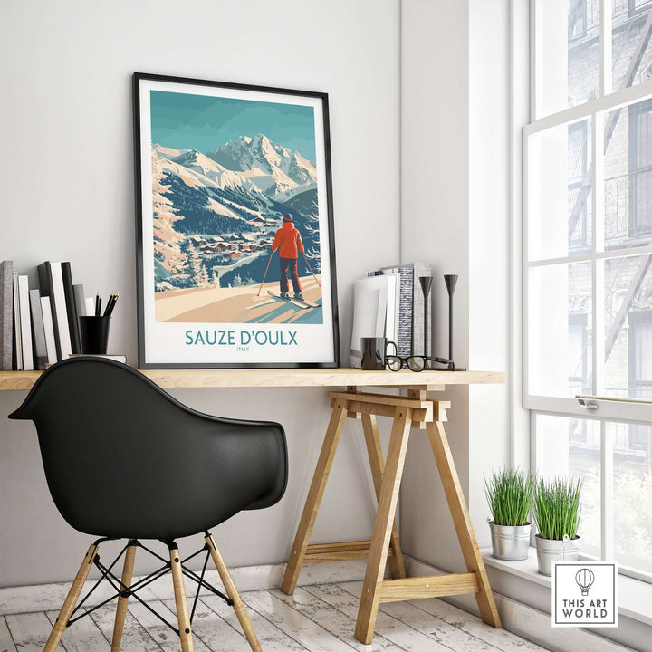 Sauze d'Oulx ski poster in a stylish home office setting, showcasing the stunning Italian mountains and skier.