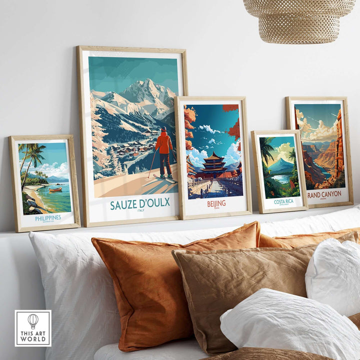 Display of travel posters including Sauze d'Oulx, highlighting stunning destinations like the Philippines, Beijing, and the Grand Canyon.