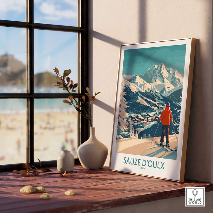 Sauze d'Oulx ski poster featuring a skier against stunning mountain scenery, perfect for home or office décor.