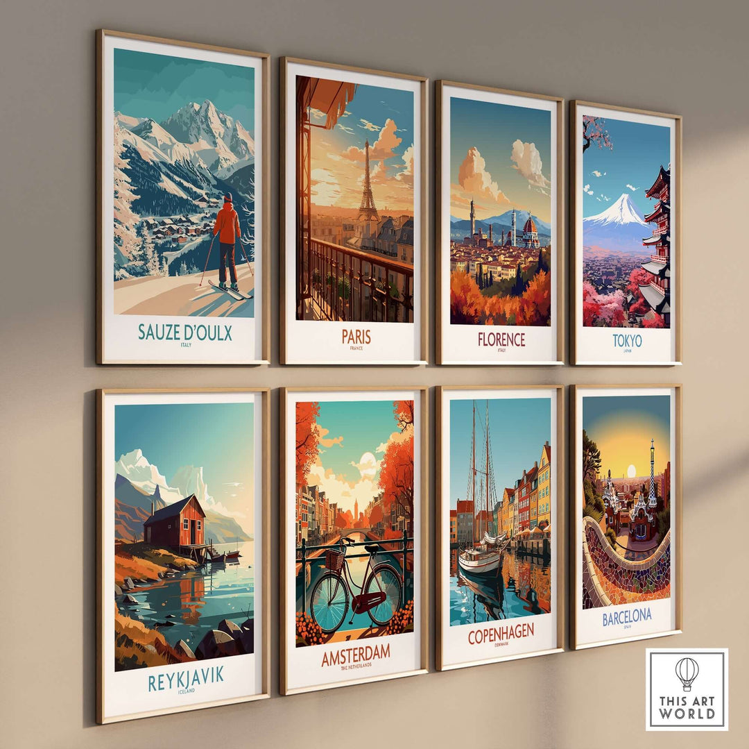 Vintage travel poster collection featuring Sauze d'Oulx, Paris, Florence, Tokyo, Reykjavik, Amsterdam, Copenhagen, and Barcelona.