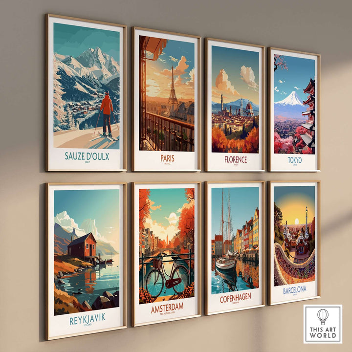 Vintage travel poster collection featuring Sauze d'Oulx, Paris, Florence, Tokyo, Reykjavik, Amsterdam, Copenhagen, and Barcelona.