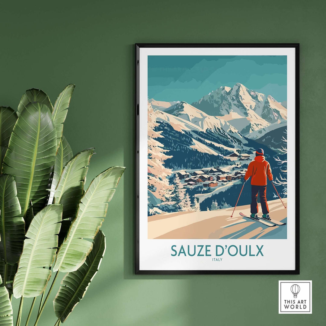 Sauze d'Oulx ski poster showcasing a skier on a snowy mountain backdrop in Italy, framed on a green wall.