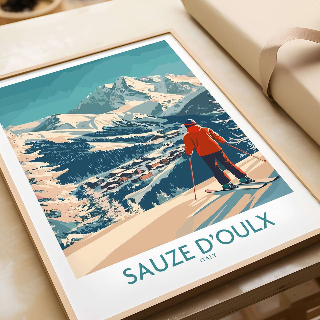 Sauze d'Oulx poster featuring a skier on slopes with stunning Italian mountain backdrop, perfect for home decor.