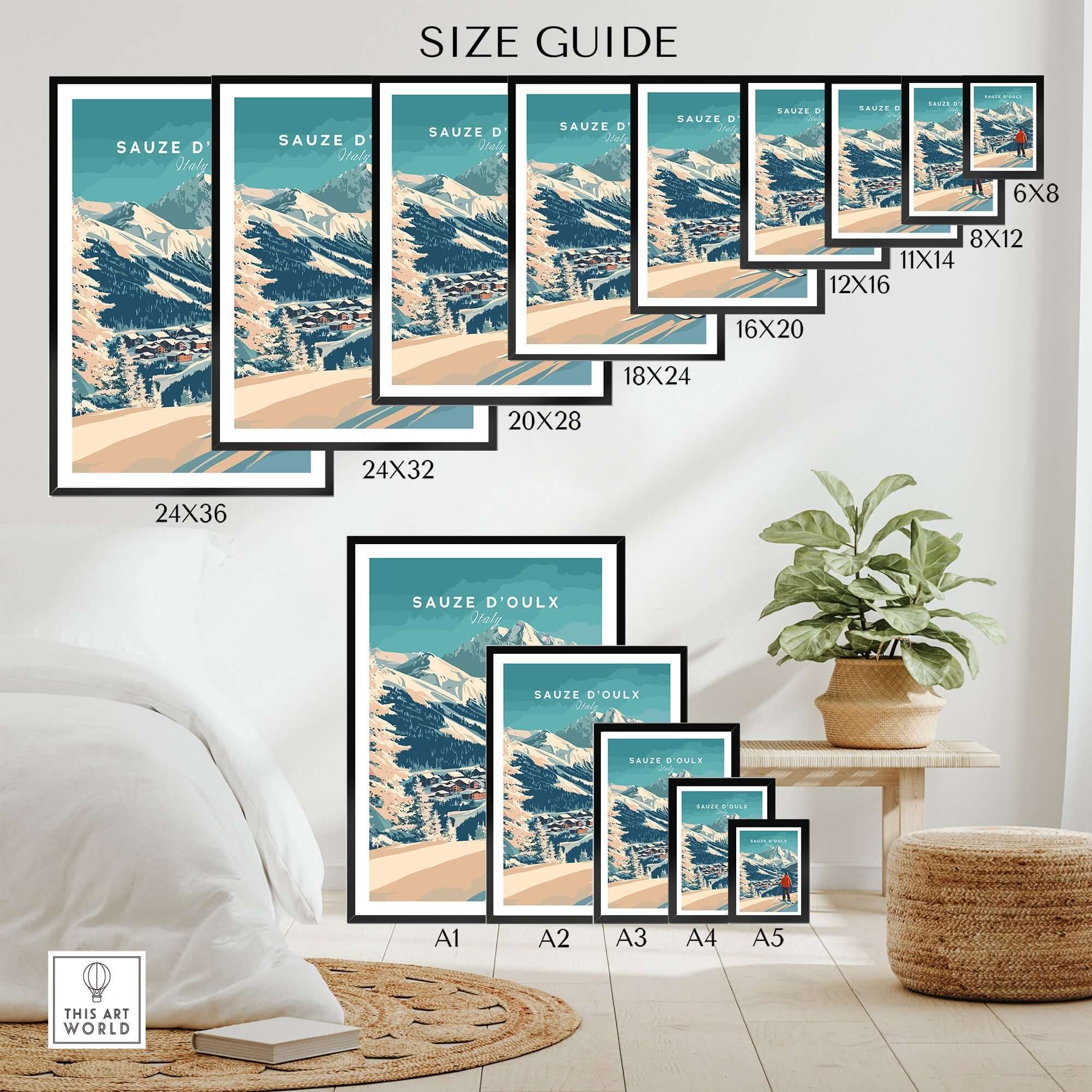 Size guide for Sauze d'Oulx Print showing various frame sizes and placement in a stylish interior setting.