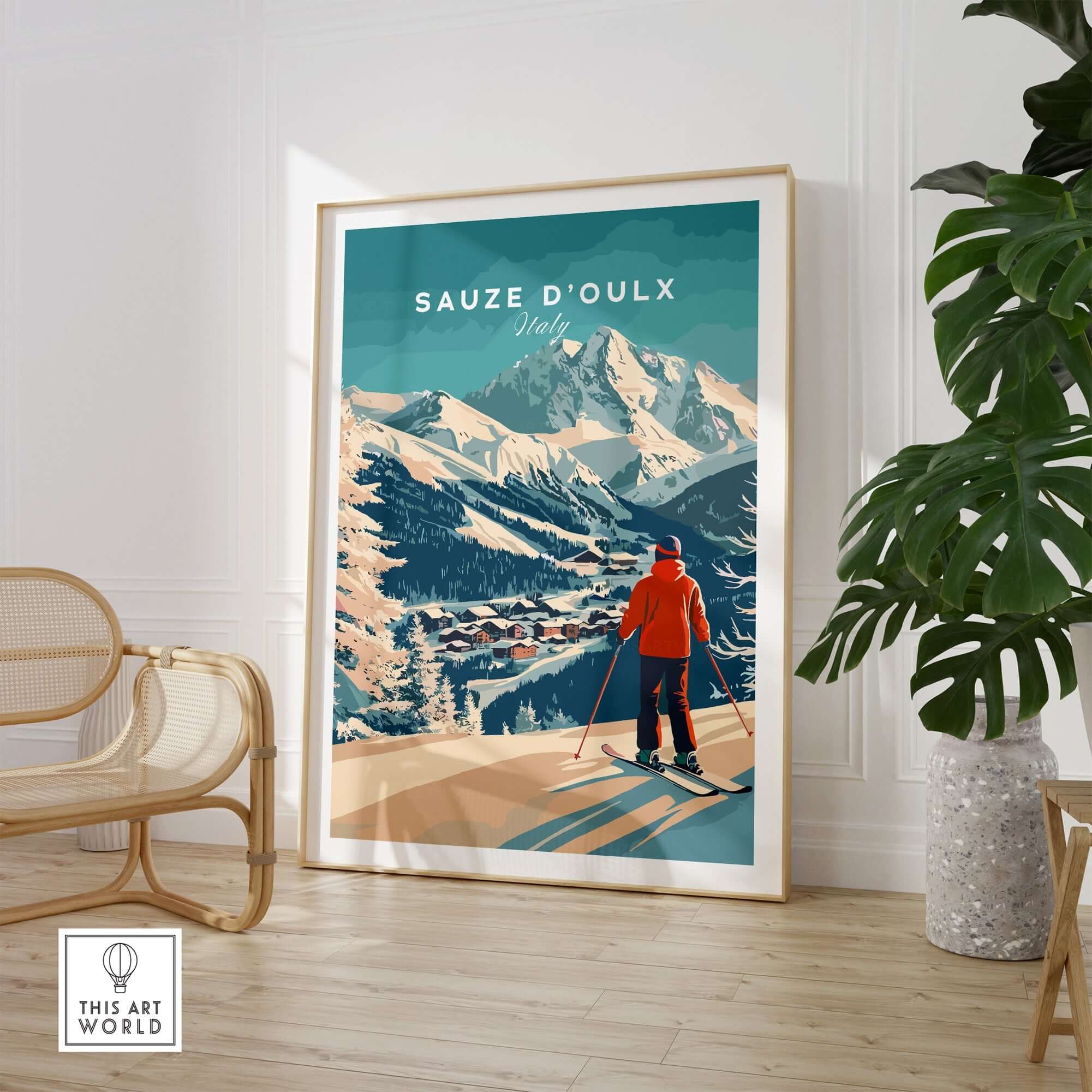Sauze d'Oulx Italy ski print artwork displayed in a modern interior setting, inspiring winter adventures.