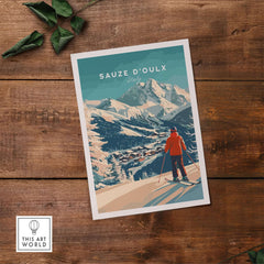 Sauze d'Oulx Italy ski print featuring a skier with mountainous backdrop, perfect for ski enthusiasts' decor.