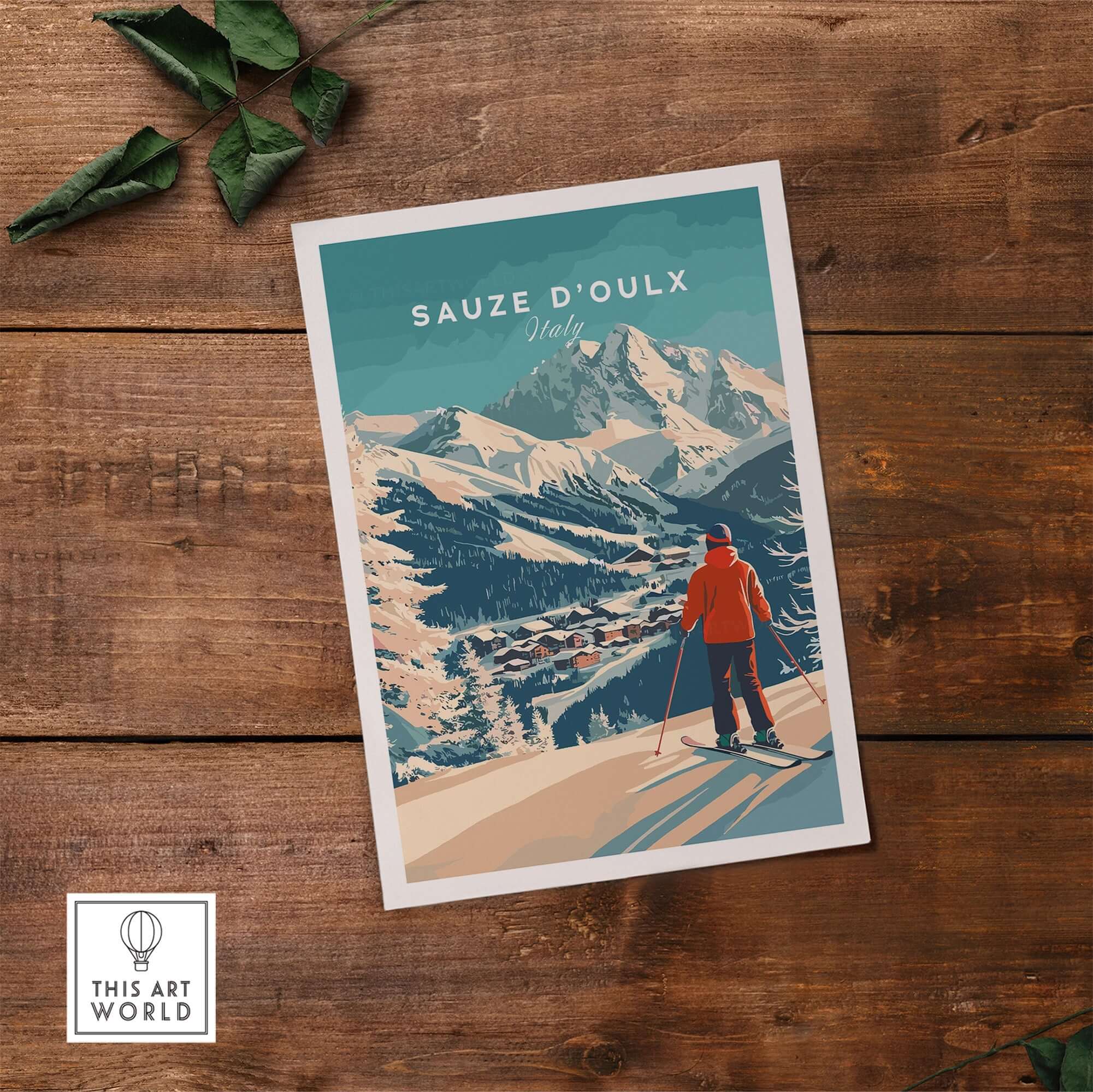 Sauze d'Oulx Italy ski print featuring a skier with mountainous backdrop, perfect for ski enthusiasts' decor.