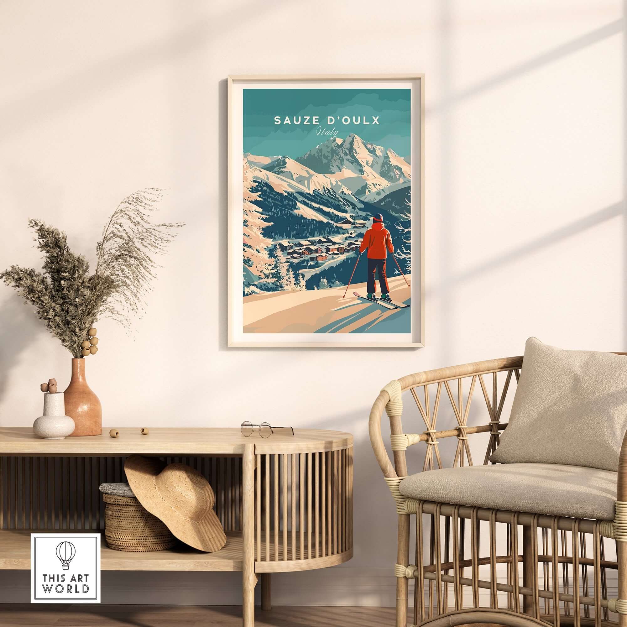 Sauze d'Oulx print featuring a skier in a snowy landscape, perfect for home decor and ski enthusiasts.