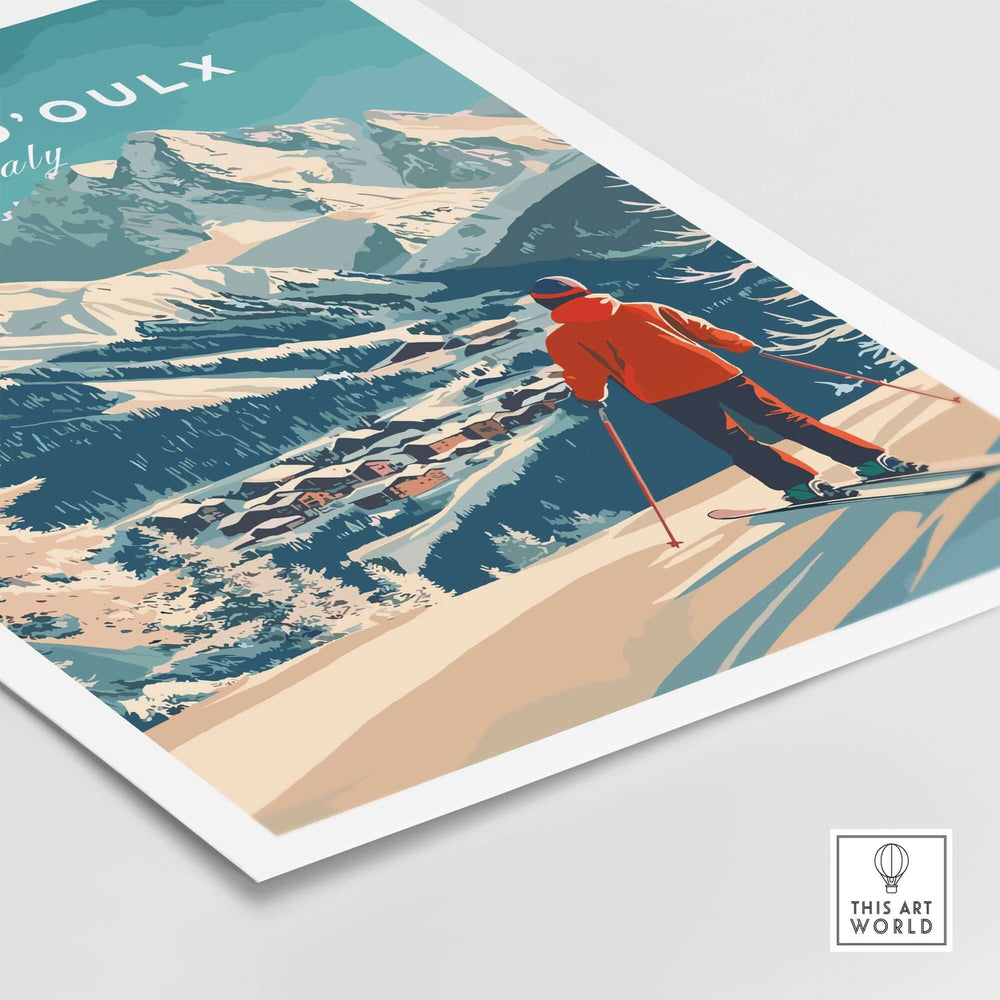 Sauze d'Oulx Print featuring a skier on a snowy mountain landscape, perfect for ski enthusiasts and home decor.