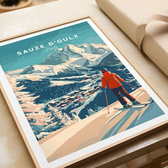Sauze d'Oulx Print featuring a skier overlooking Italian mountains, perfect for ski enthusiasts and home decor.