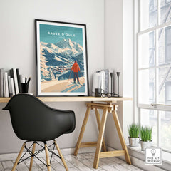 Sauze d'Oulx print featuring a skier in a stylish home office setting, perfect for ski enthusiasts and decor inspiration.