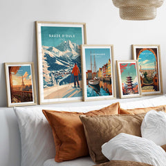 Sauze d'Oulx Print Italy displayed among travel art prints in a cozy living room setting, perfect for ski enthusiasts.