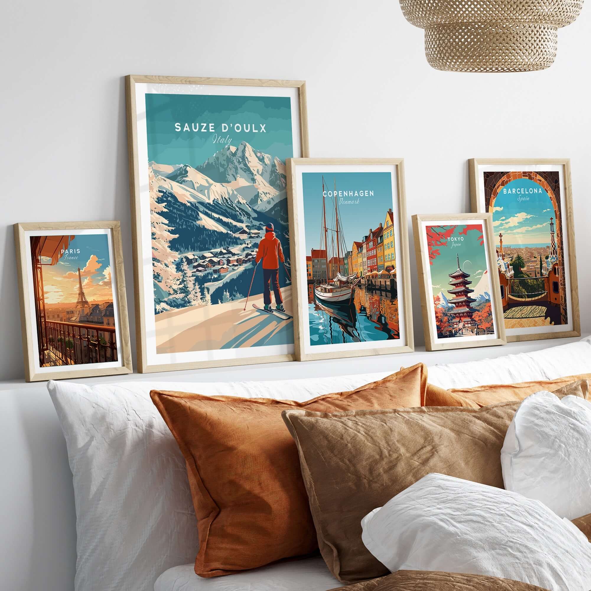 Sauze d'Oulx Print Italy displayed among travel art prints in a cozy living room setting, perfect for ski enthusiasts.