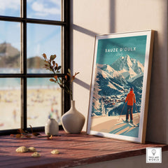 Sauze d'Oulx print showcasing a skier against a mountain backdrop, perfect for ski enthusiasts and home decor lovers.