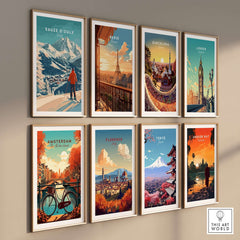 Collection of travel art prints featuring iconic cities like Sauze d'Oulx, Paris, Barcelona, and Tokyo on a stylish wall display.