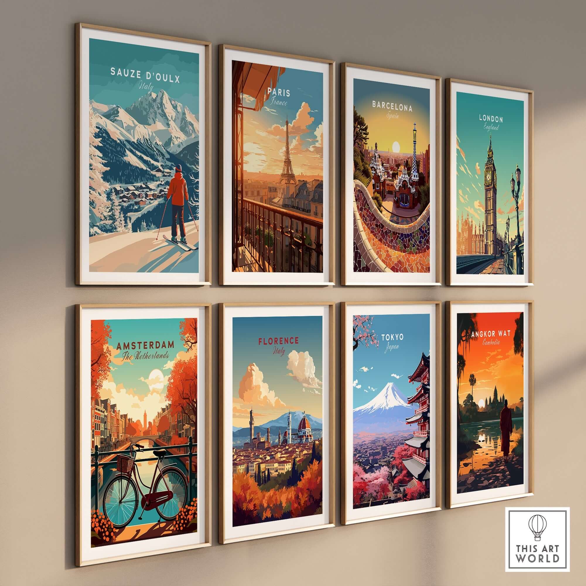 Collection of travel art prints featuring iconic cities like Sauze d'Oulx, Paris, Barcelona, and Tokyo on a stylish wall display.