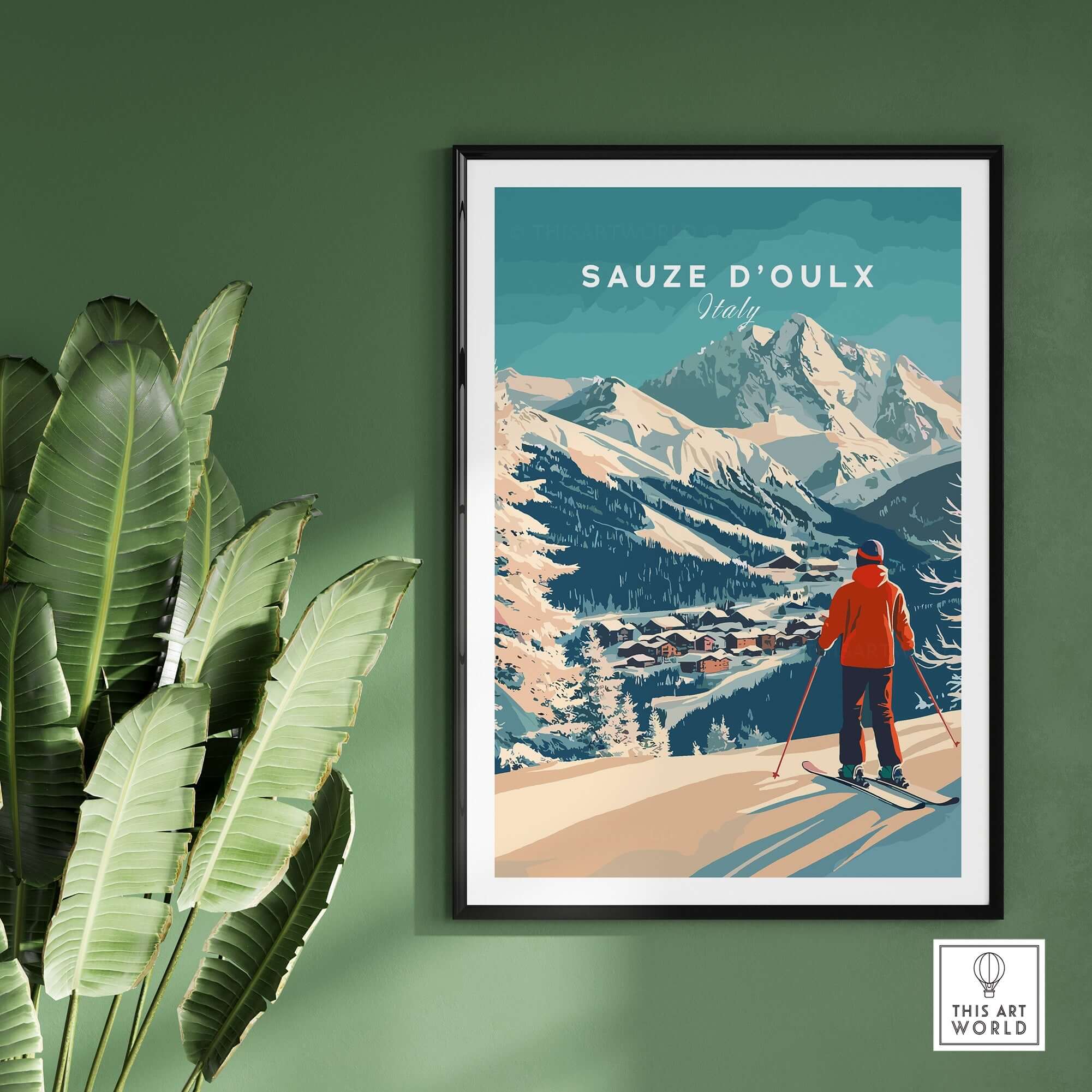 Sauze d'Oulx Italy ski print featuring a skier on a snowy mountain, perfect for ski enthusiasts and home decor.