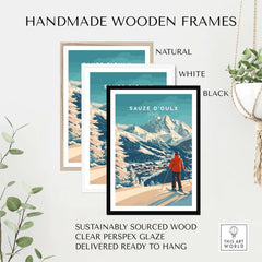 Handmade wooden frames in natural, white, and black, featuring Sauze d'Oulx ski print, sustainably sourced for stylish decor.