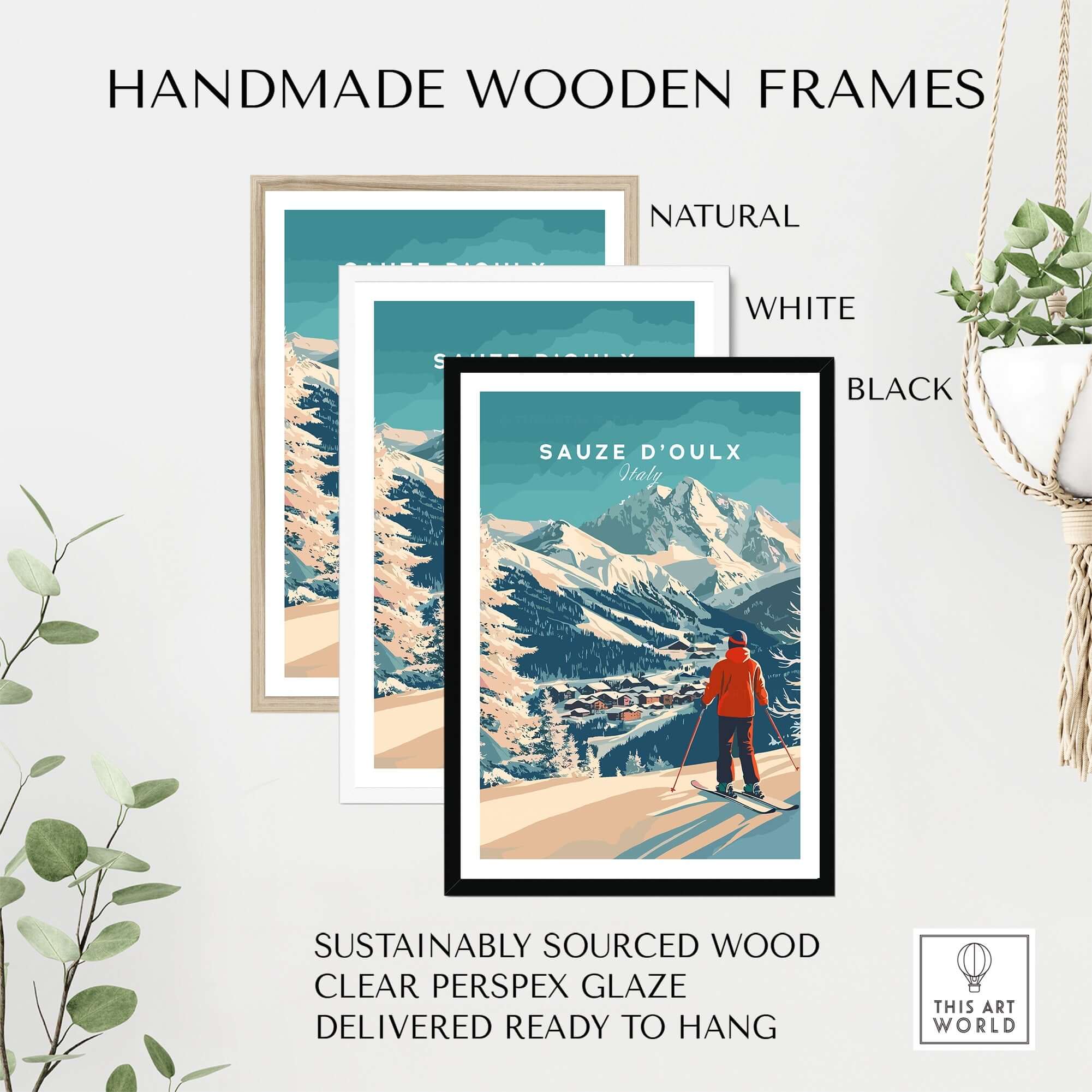 Handmade wooden frames in natural, white, and black, featuring Sauze d'Oulx ski print, sustainably sourced for stylish decor.