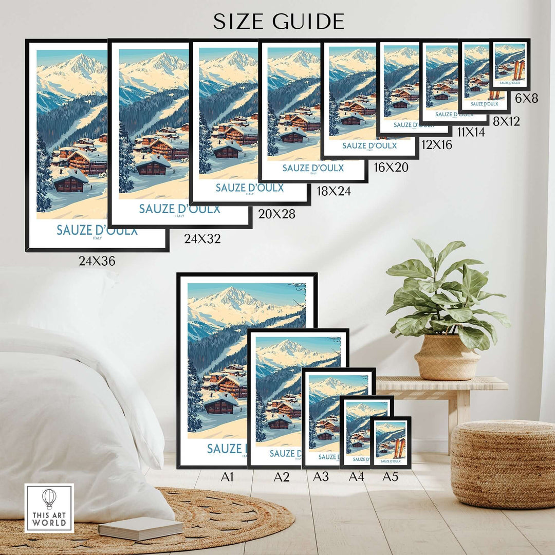 Size guide for Sauze d'Oulx Ski Poster displayed in various frame sizes in a cozy room setting.