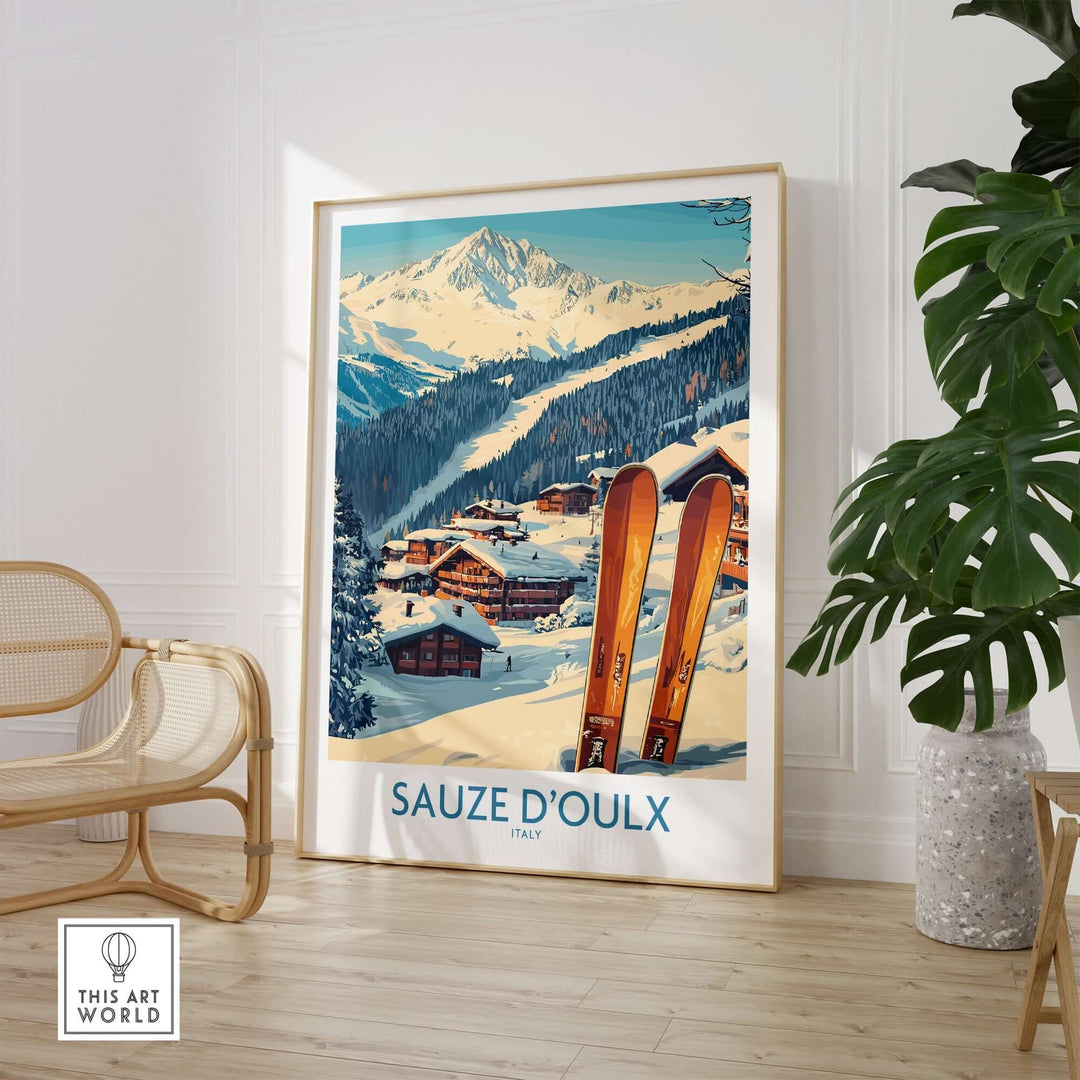 Sauze d'Oulx Ski Poster showcasing vibrant slopes and picturesque mountains in a stylish home setting. Perfect for ski enthusiasts.