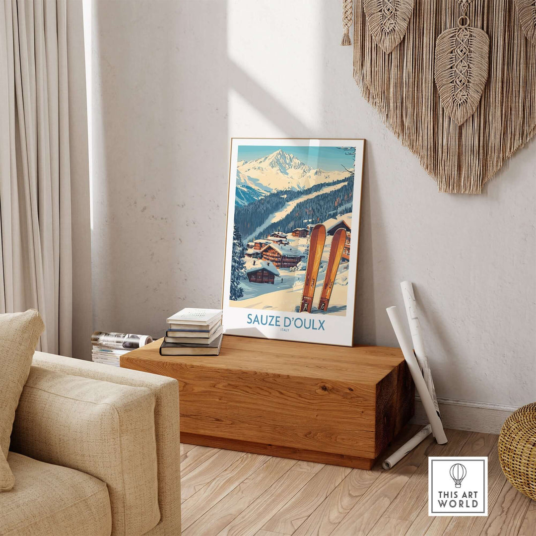 Sauze d'Oulx ski poster displayed in a cozy living room, showcasing vibrant slopes and scenic mountains. Perfect winter decor.