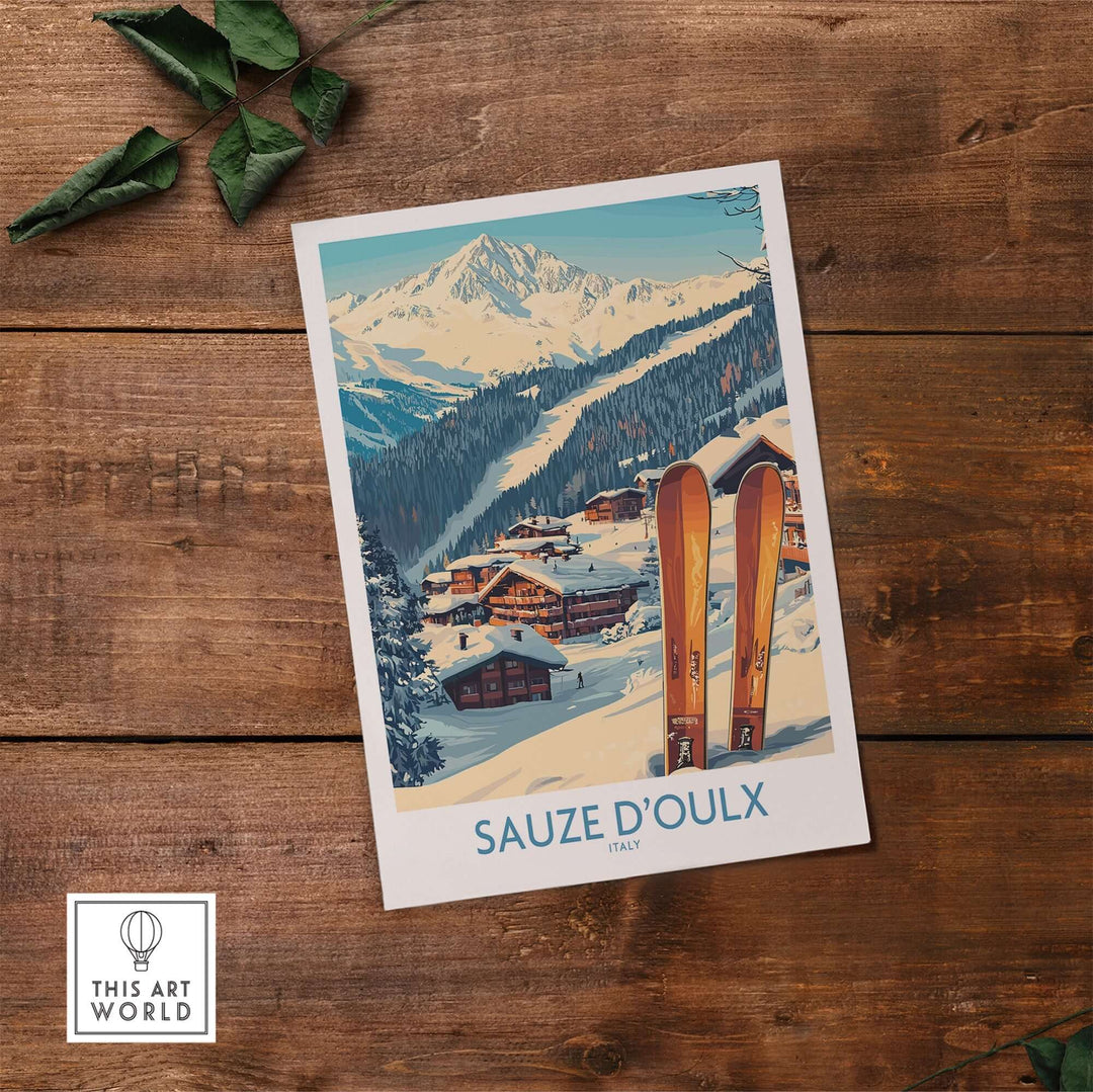 Sauze d'Oulx ski poster featuring picturesque mountains and vibrant skis, perfect for inspiring adventure and home decor.