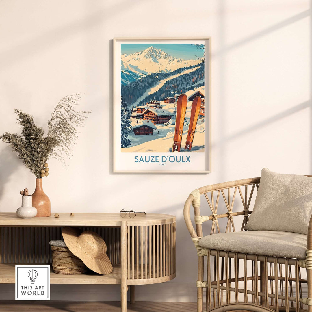 Sauze d'Oulx ski poster in a stylish interior, featuring vibrant slopes and scenic mountain landscapes. Perfect for ski enthusiasts.