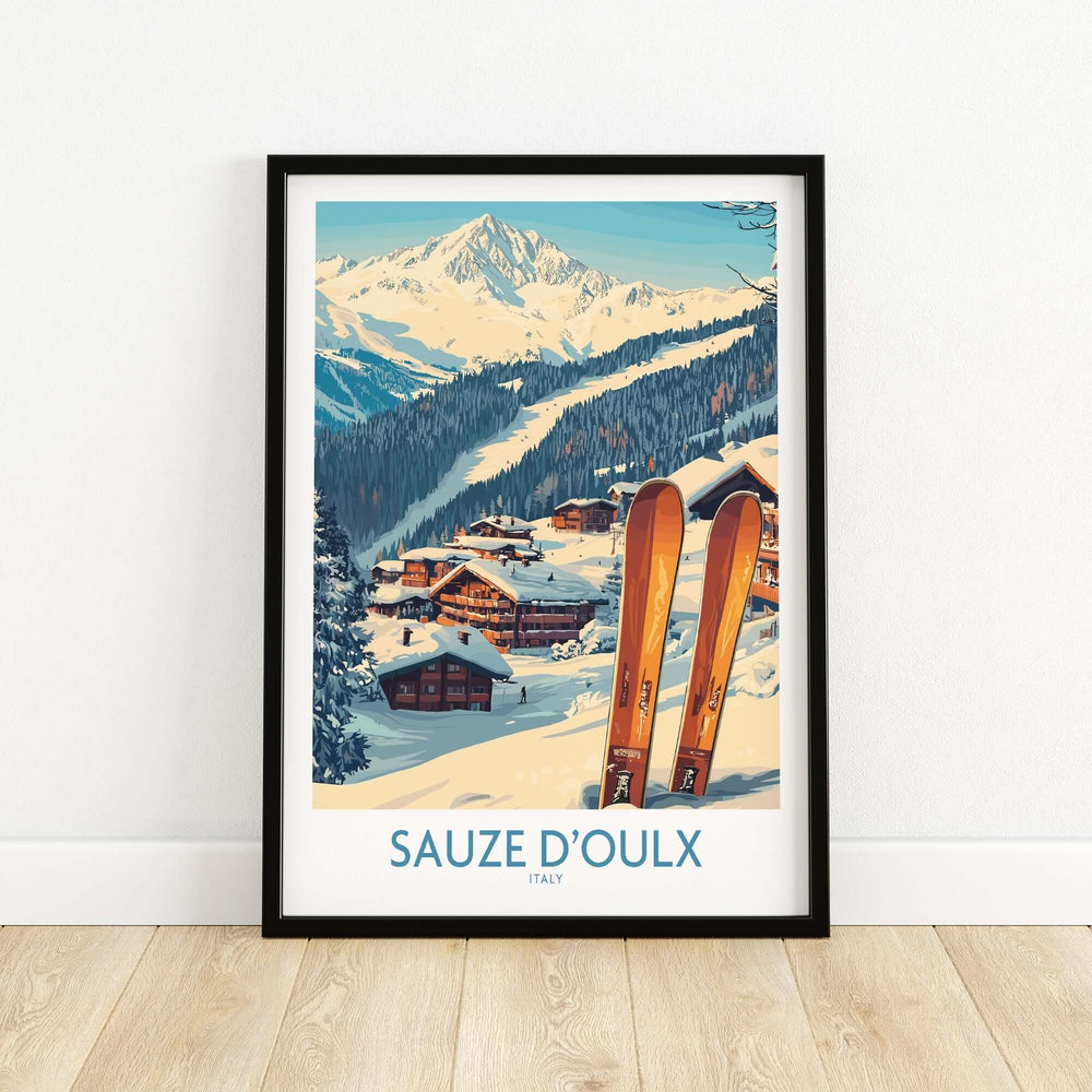 Sauze d'Oulx ski poster featuring snowy landscapes, wooden skis, and charming chalets, perfect for inspiring winter adventures.