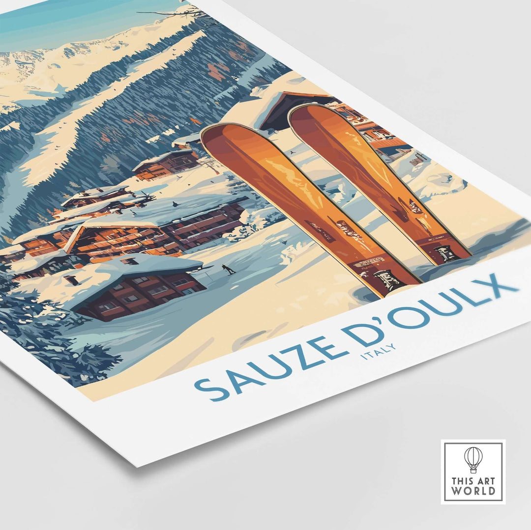 Sauze d'Oulx Ski Poster showcasing vibrant slopes and picturesque landscapes in Italy, perfect for ski enthusiasts.