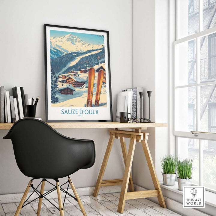 Sauze d'Oulx Ski Poster displayed in a modern home office, showcasing vibrant slopes and picturesque mountains.