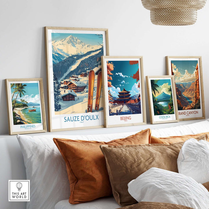 Sauze d'Oulx ski poster among framed travel art showcasing beautiful landscapes and vibrant adventures in a cozy interior setting.