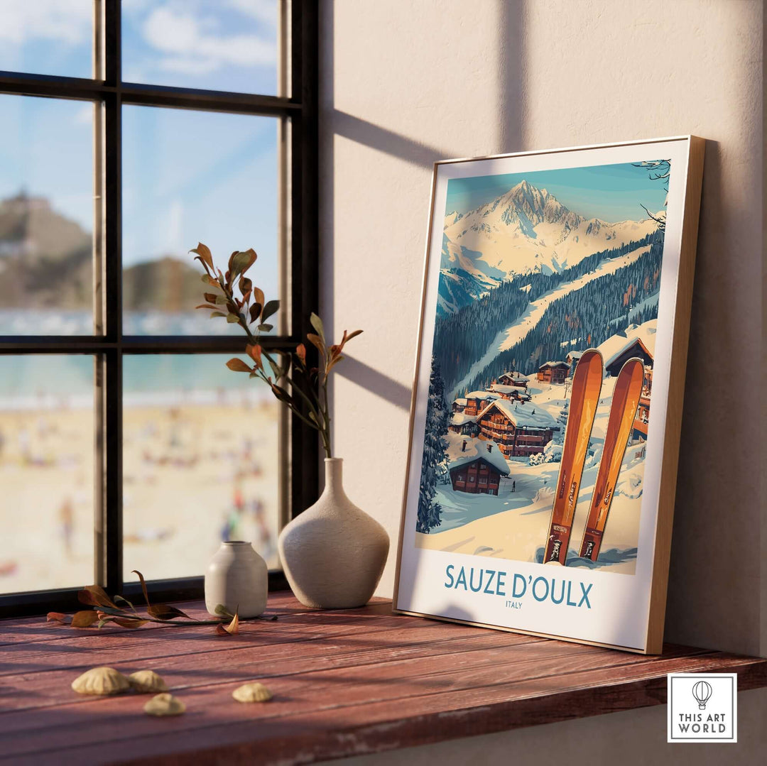 Sauze d'Oulx ski poster displayed indoors, showcasing vibrant slopes and picturesque mountains for winter adventure inspiration.