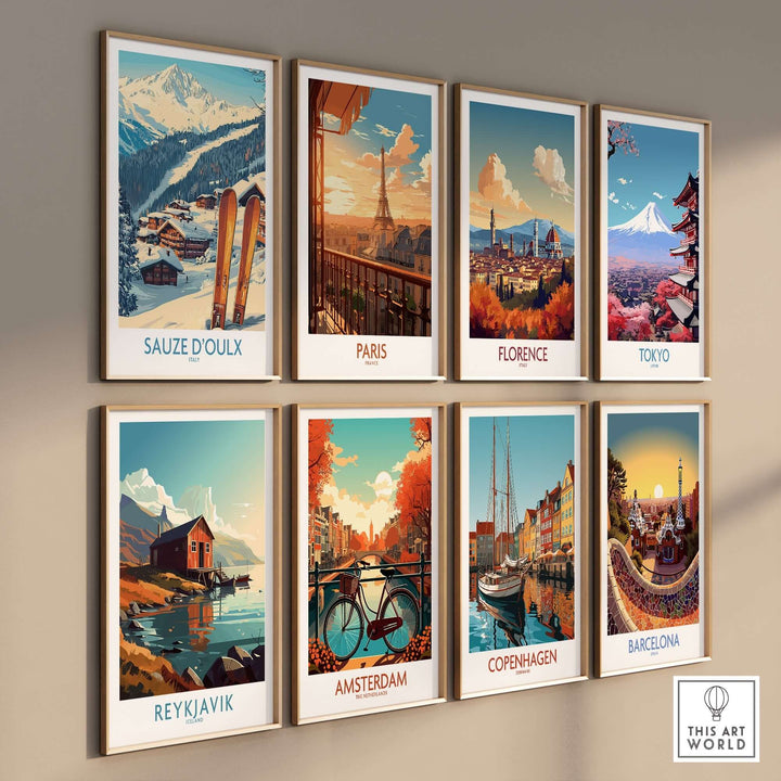 Collection of vintage travel posters featuring Sauze d'Oulx, Paris, Florence, Tokyo, Reykjavik, Amsterdam, Copenhagen, and Barcelona.