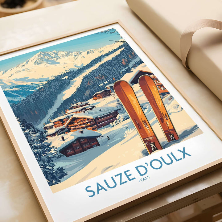 Sauze d'Oulx ski poster featuring vibrant skis, snowy mountains, and picturesque landscapes, perfect for home decor.