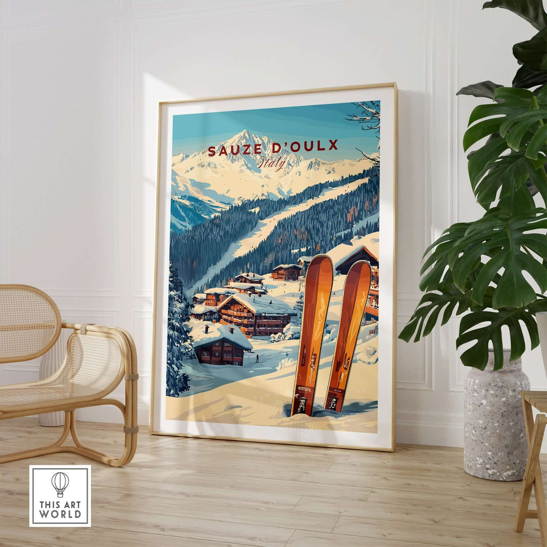 Sauze d'Oulx Ski Print showcasing a snowy landscape and vintage skis in a stylish interior setting. Perfect for winter enthusiasts.